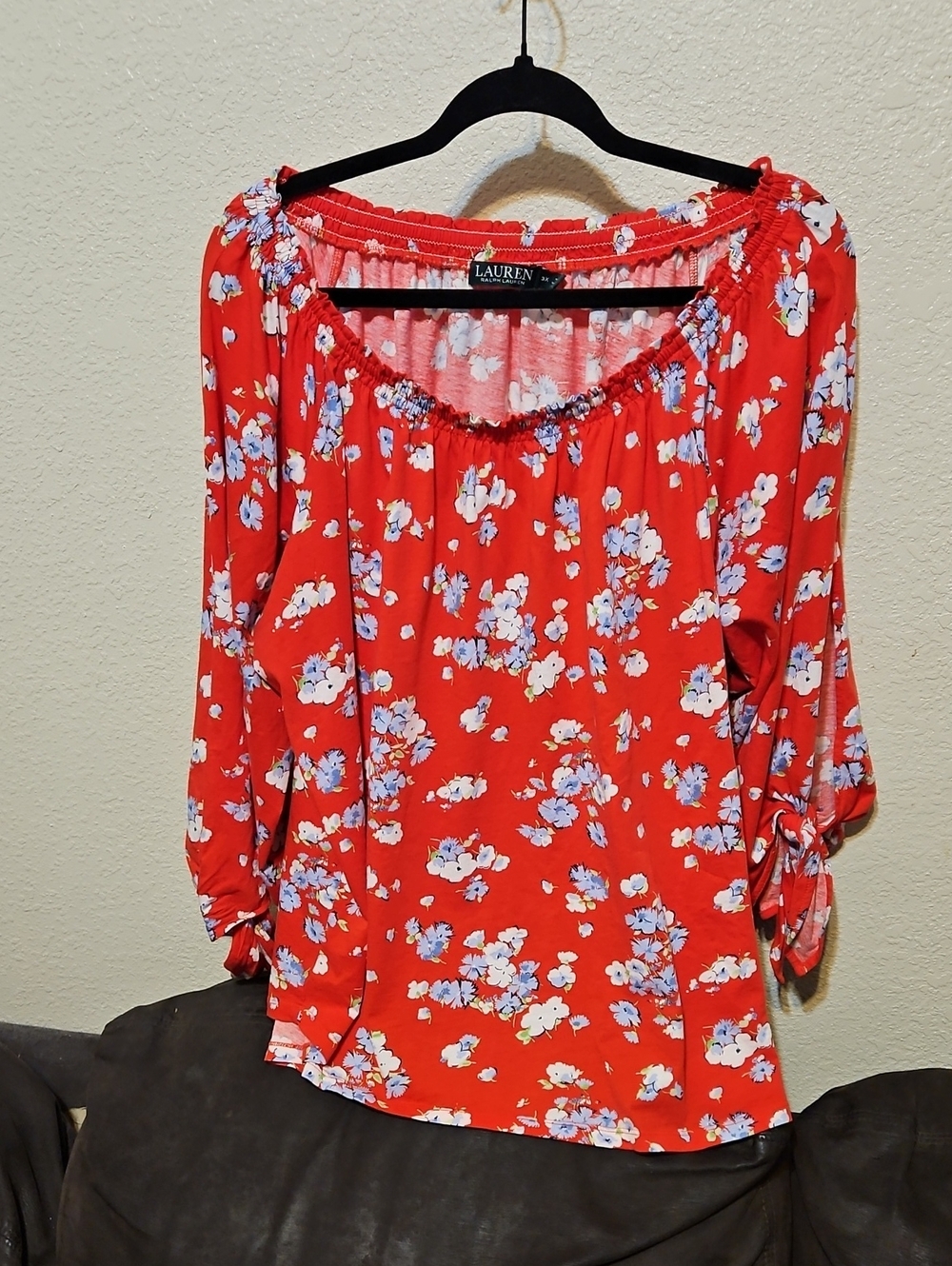 Lauren Ralph Lauren Red Floral Peasant Blouse with Blue and White Flowers